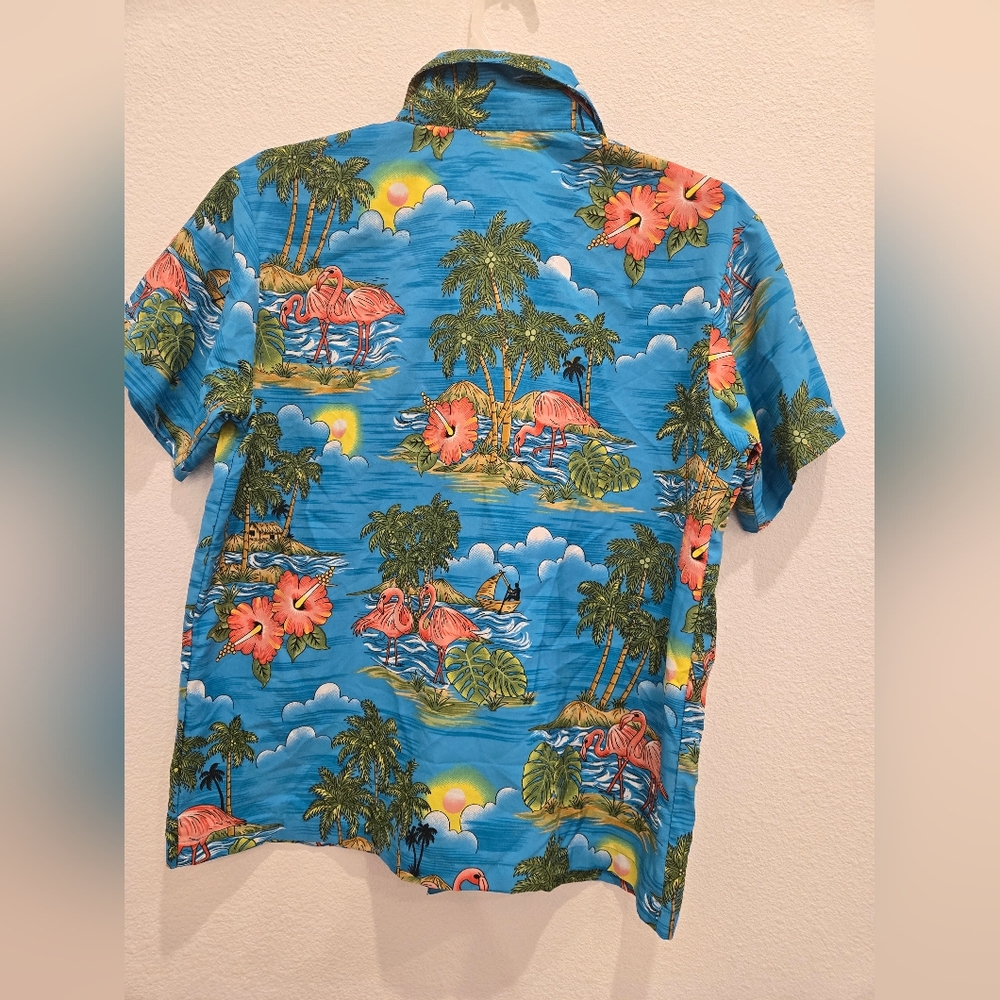 Orange and Blue Button Down Shirt with Tropical Print - Picture 2 of 4